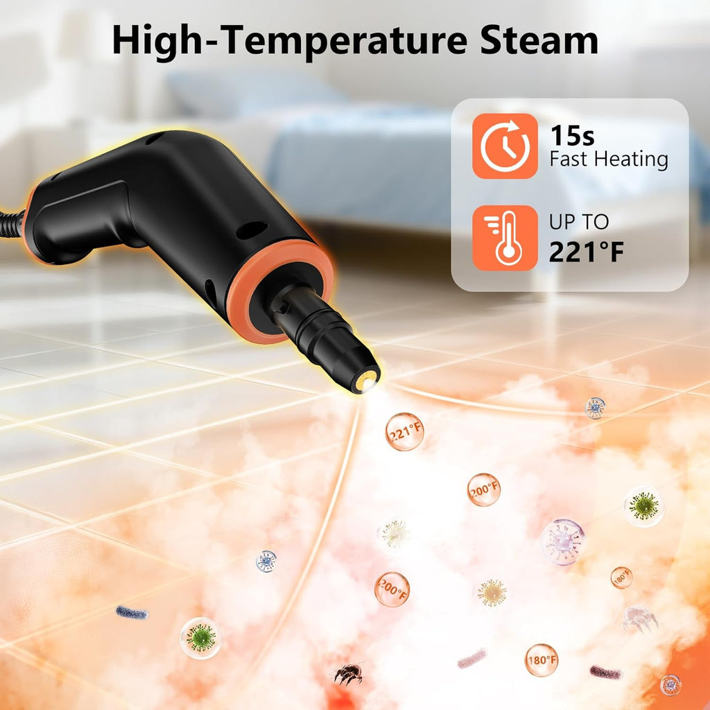 Skiennix Portable Steam Cleaner - 16-Piece Accessory Set | 6-Level Adjustable Heat, Fast 15s Heat-Up, Handheld for Home & Car Detailing - Orange