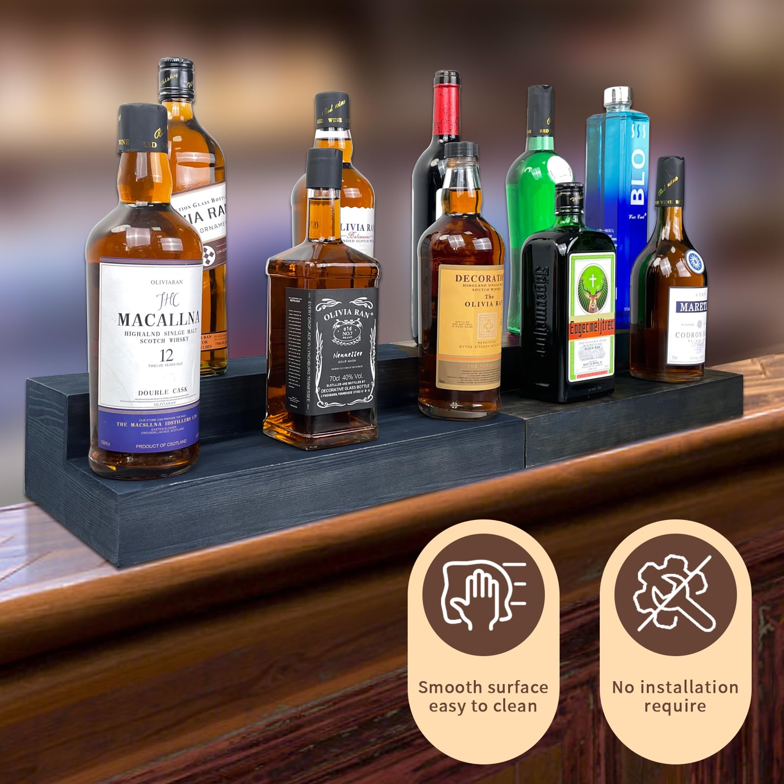 TONGMO 2 Pack Liquor Bottle Stand - 16 Inch 2 Tier Liquor Bar Bottle Display Shelf, Holds 16 Bottles, Solid Wood, No Installation Required (Black)
