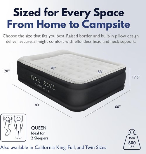 King Koil Queen Air Mattress - Luxury Pillow Top with Built-in Pump | Waterproof, 20" Double Size, Ideal for Home & Camping