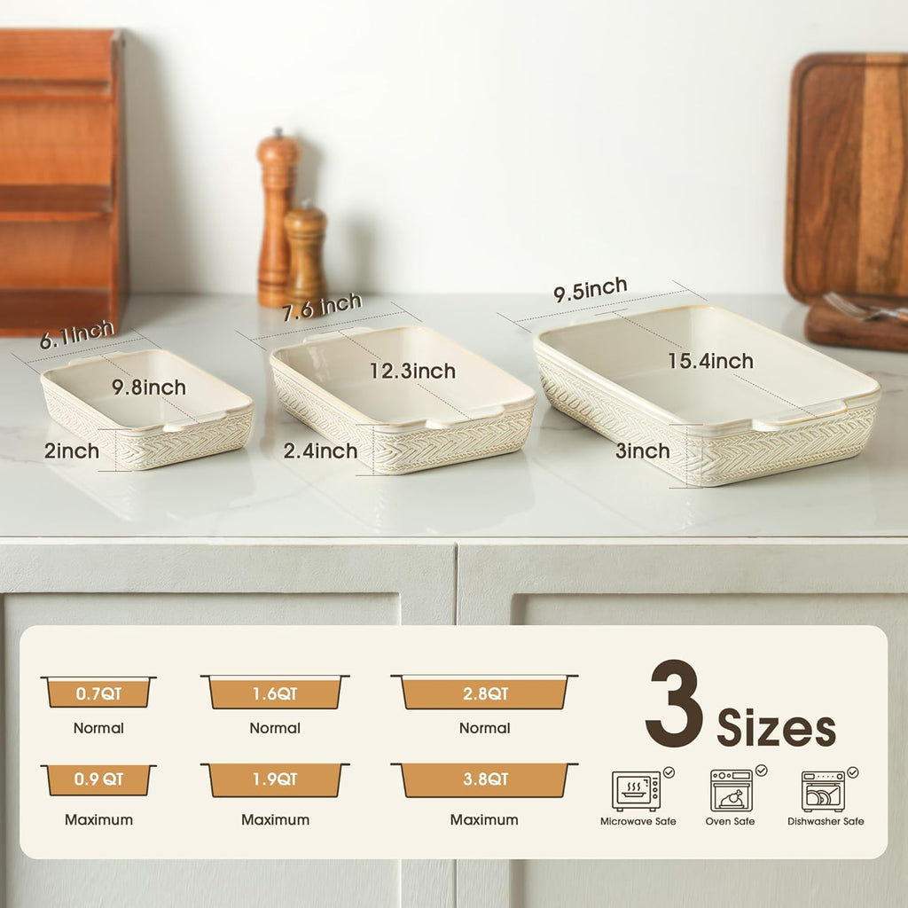 Regine Switzerland Casserole Dishes Set of 3 - Ceramic Baking Pans for Lasagna & Cooking | 15.4''/12.3''/9.8''
