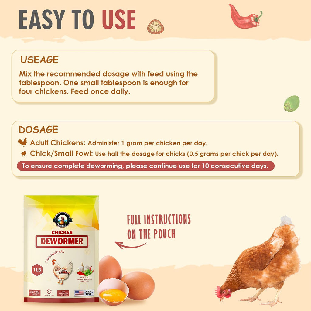 Natural Chicken Dewormer Powder - Chili Mix Formula | 1LB XL Pouch for Laying Hens & Gut Health
