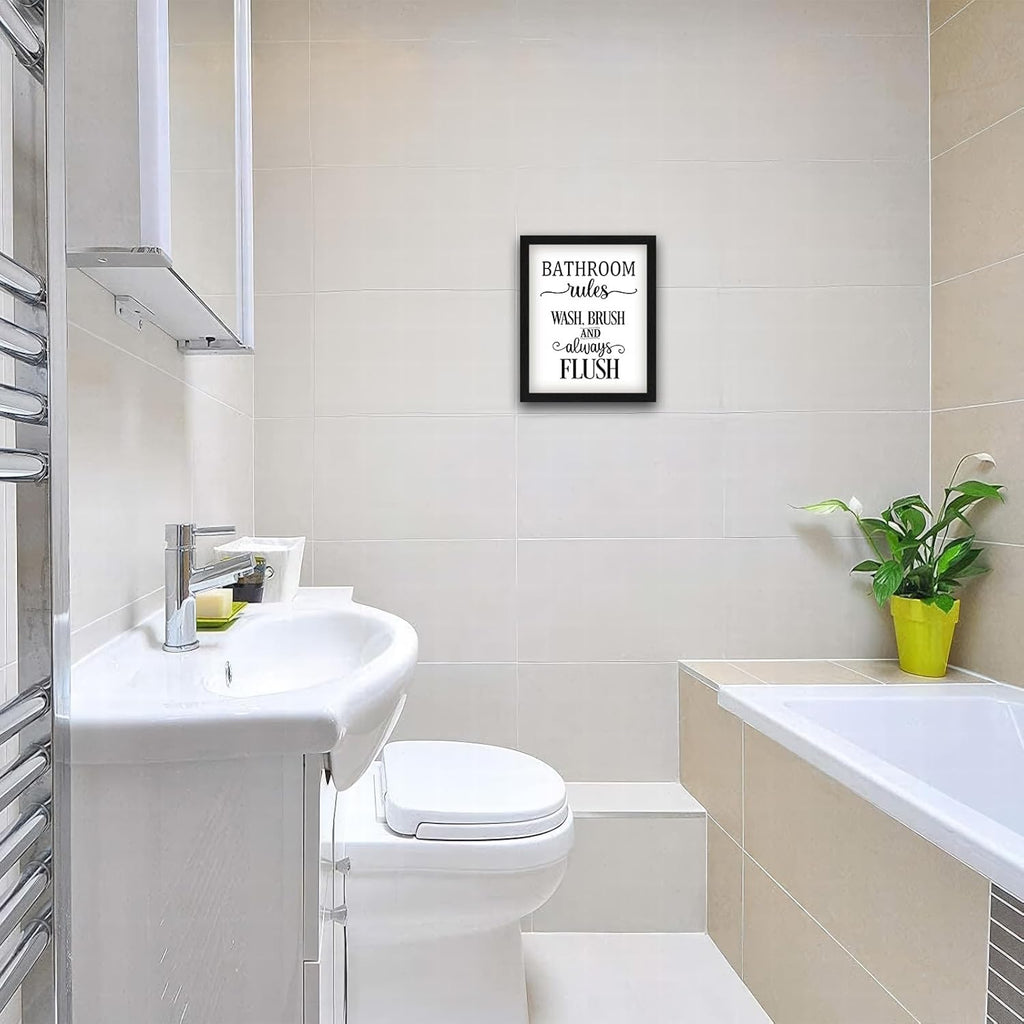 Regine Switzerland Funny Bathroom Wall Art - Framed 8x10 Inches Black and White Toilet Rules Decor | Essential Restroom Canvas Prints
