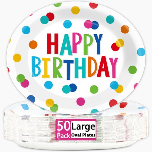 50 PCS Happy Birthday Oval Paper Plates - 11inch Large Colorful Dots Design Platters, Heavy Duty Dish Tray for Party Decorations, Gathering, Picnic Tableware Supplies