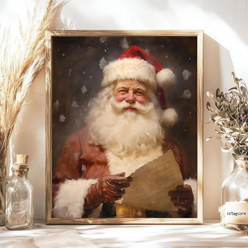 Santa Reading Book Vintage Christmas Wall Art 8x10in - Unframed Canvas Poster, Variation: Santa Claus+10"L x 8"W