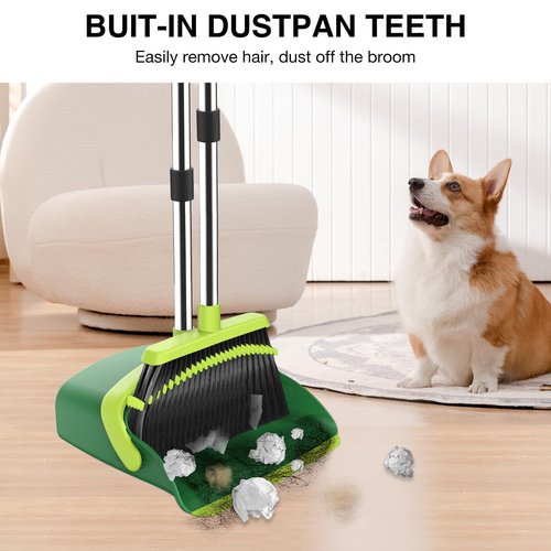 Broom and Dustpan Set, 52-in Long Adjustable Handle Broom Dustpan Combo with Dust pan Teeth to Automatically Clean Hair Suitable for Home Kitchen Office Hall Floor（Green）