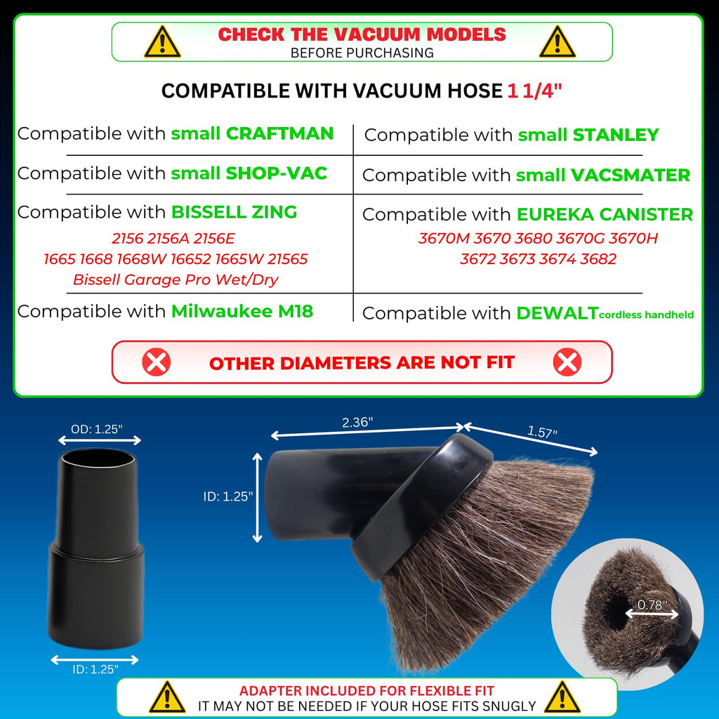 for Shop Vacs Replacement Vacuum Brush Attachment 1.25 Inch (32mm) with Soft Horsehair Bristles - 1-1/4'' Vacuum Accessories Compatible with Milwaukee M18, Eureka Mighty Mite 3670M & More