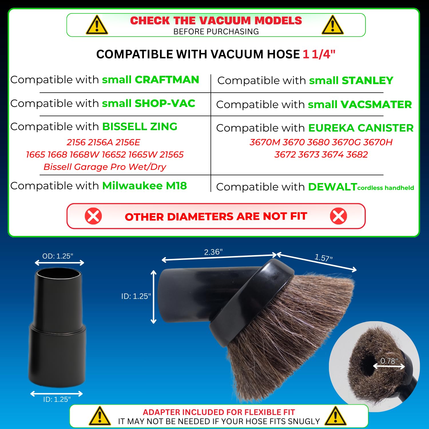 for Shop Vacs Replacement Vacuum Brush Attachment 1.25 Inch (32mm) with Soft Horsehair Bristles - 1-1/4'' Vacuum Accessories Compatible with Milwaukee M18, Eureka Mighty Mite 3670M & More
