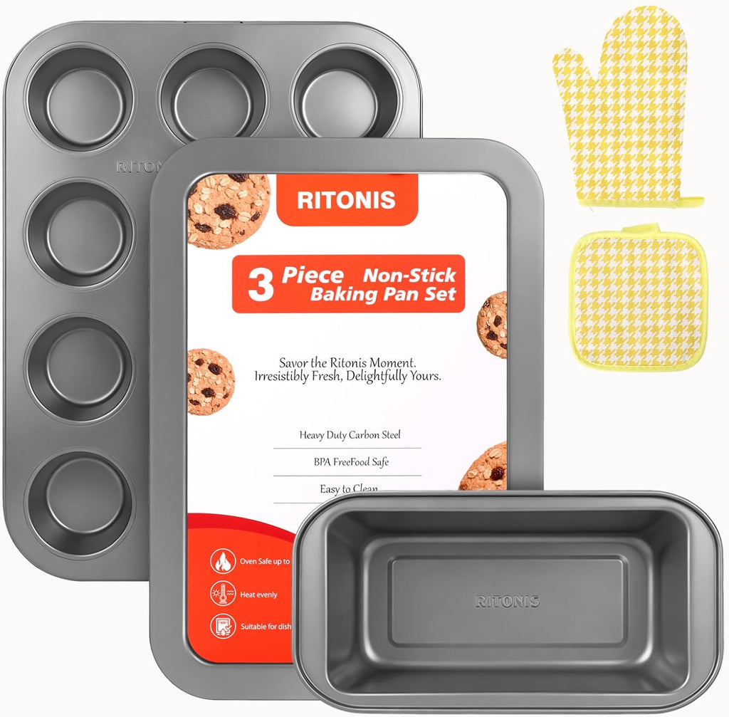 Skiennix 3-Piece Baking Pan Set - Nonstick, Stackable & Non-Toxic Oven Bakeware | Includes Cookie Sheet, Muffin Pan & Loaf Pan