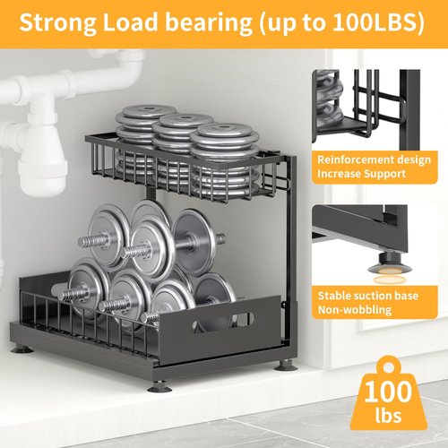 Saydear Under Sink Organizer Storage 2-Tier Premium Metal Pull-Out Kitchen Cabinet Organizer with Sliding Drawer, Height Adjustable, Heavy Duty for Kitchen & Bathroom Organizers 2 Pack Black