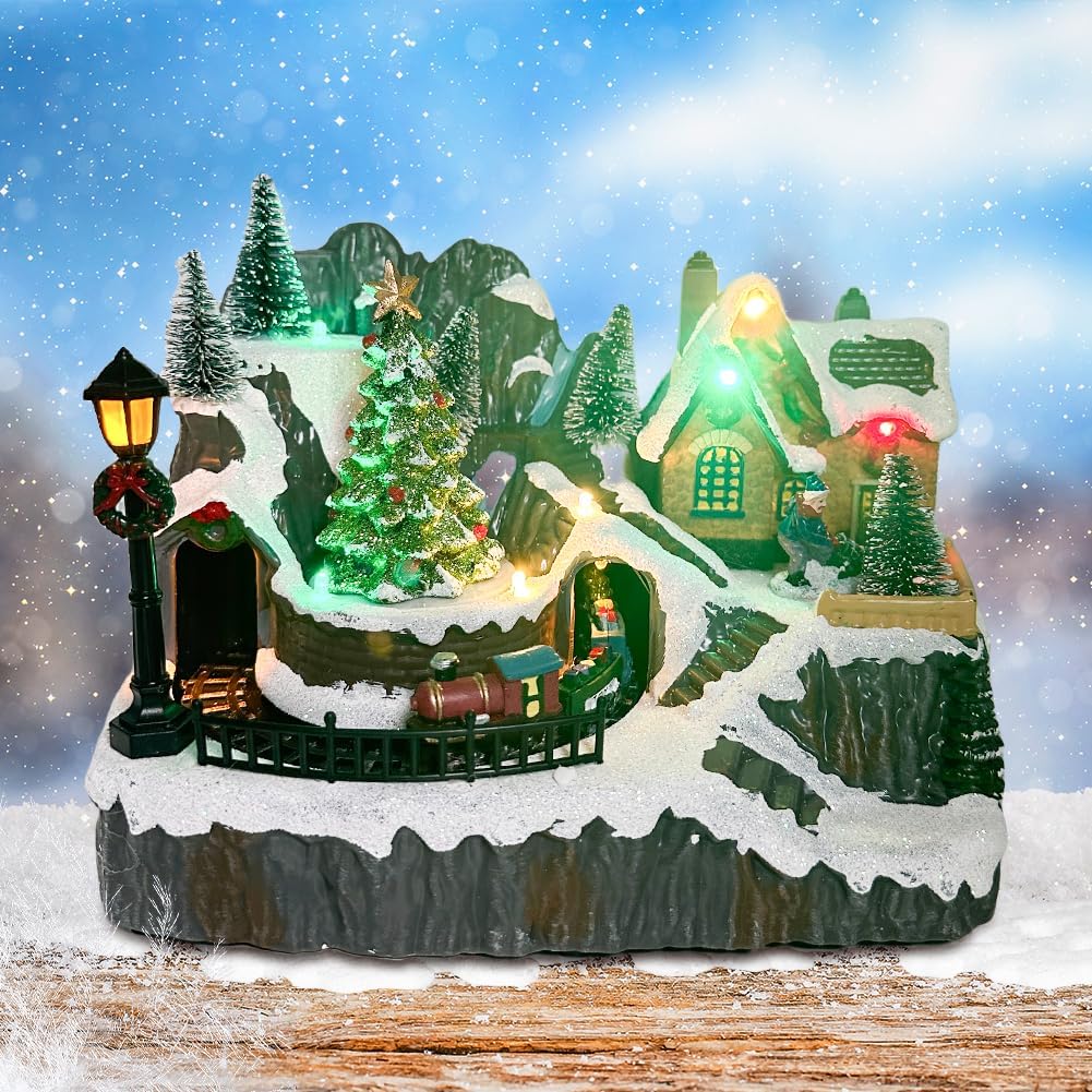 Tarocynn Christmas Village House Figurine - Musical Light-Up Display with Moving Tree & Train