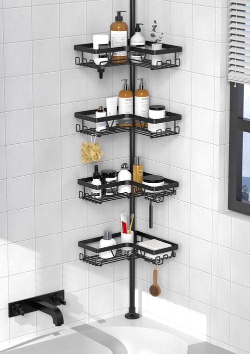 KEGII Corner Shower Caddy Tension Pole - Waterproof Floor-to-Ceiling Organizer | Adjustable 25-114.2 Inch, Black