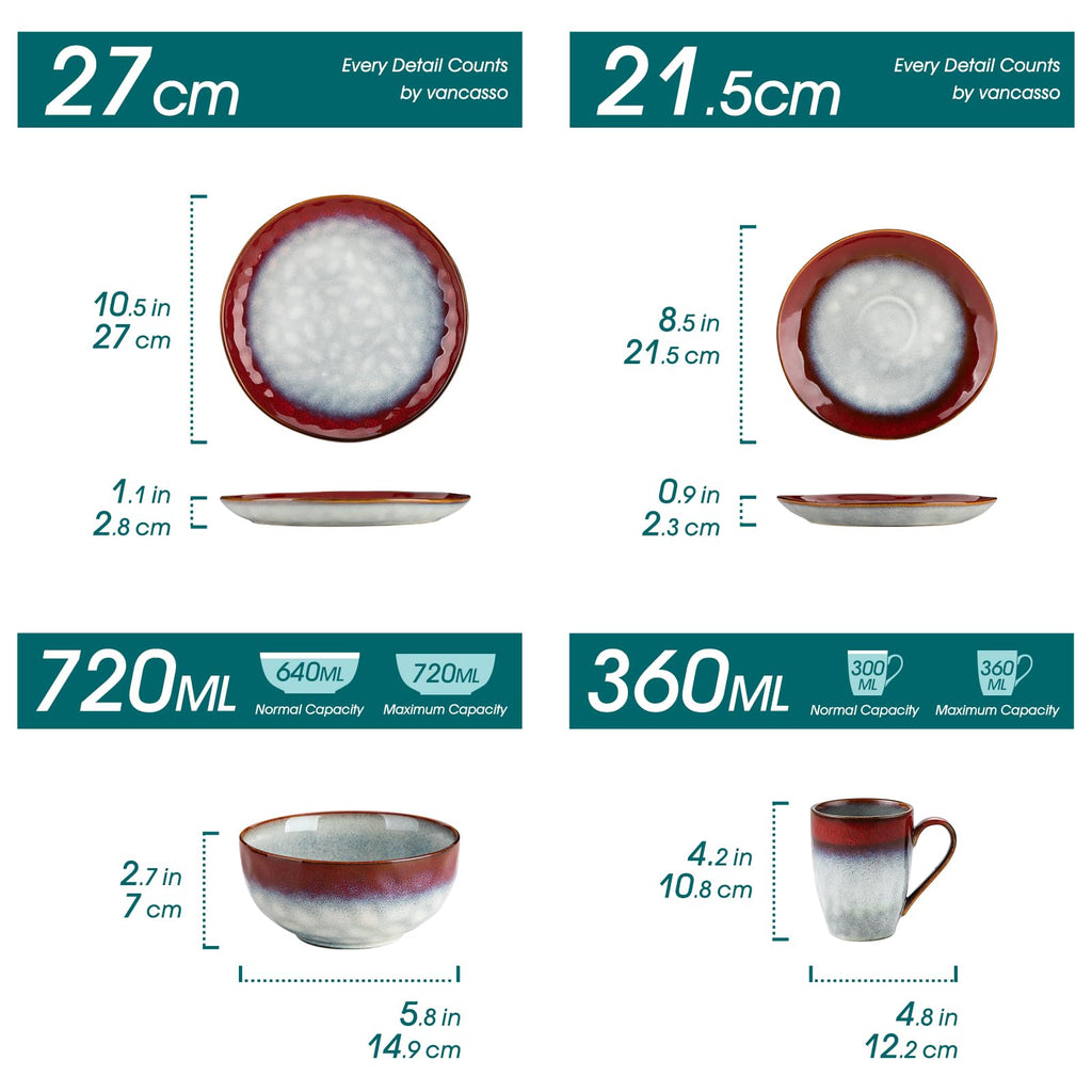vancasso Starry 16 Pieces Dinnerware Set for 4, Handmade Reactive Glaze Stoneware Plates and Bowls Set, Dishes Set with Mugs for 4, Microwave & Dishwasher Safe, Red