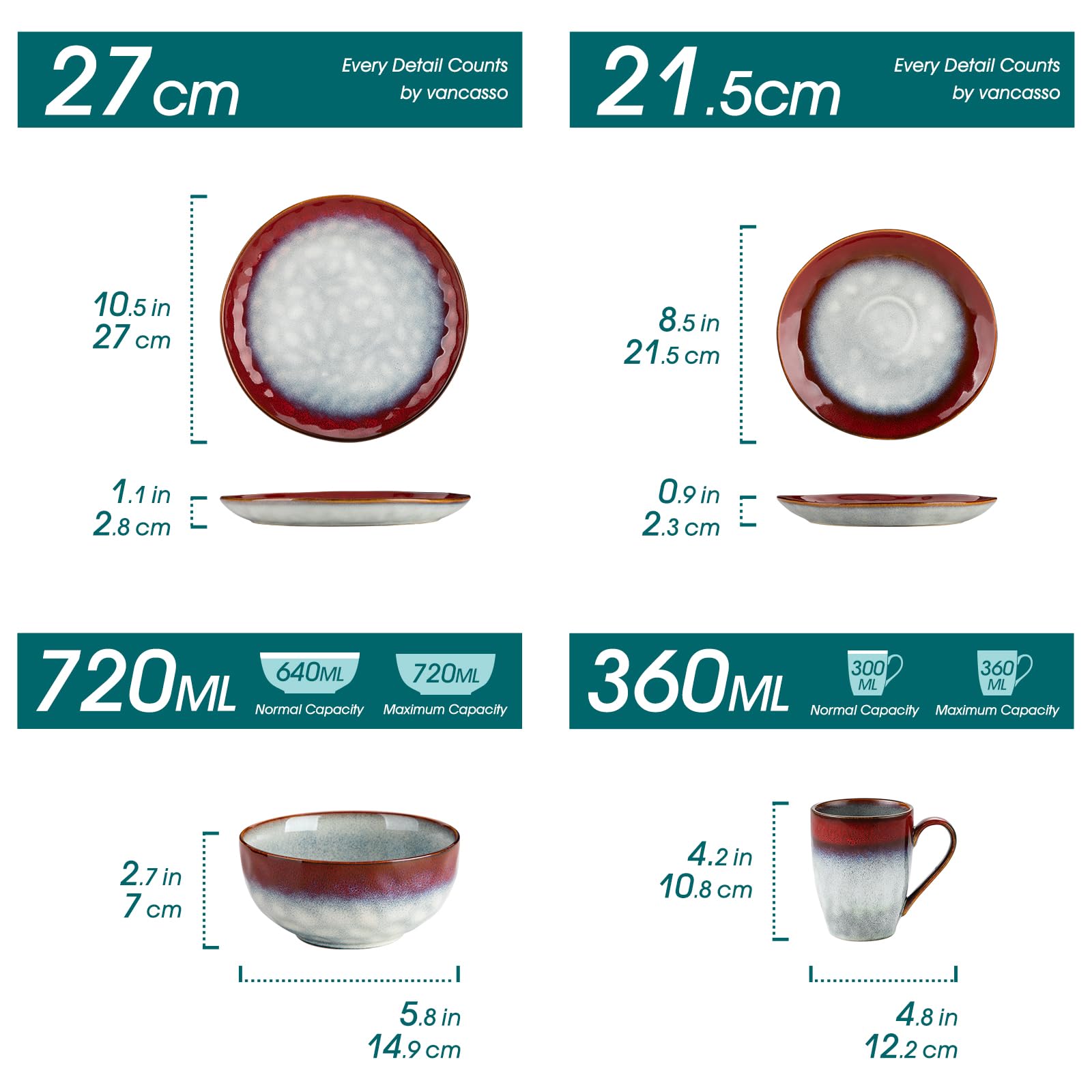 vancasso Starry 16 Pieces Dinnerware Set for 4, Handmade Reactive Glaze Stoneware Plates and Bowls Set, Dishes Set with Mugs for 4, Microwave & Dishwasher Safe, Red