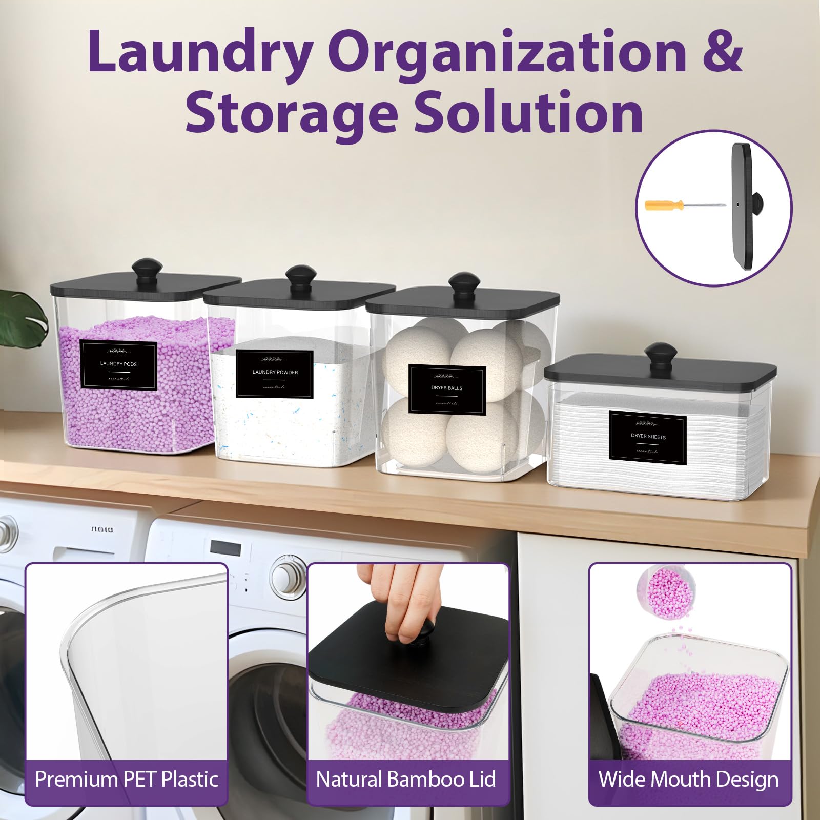 COAZEX 3+1 Pack Clear Laundry Pods Container & Dryer Sheet Holder, Plastic Square Laundry Room Organization and Storage Jars with Black Lids, Scoops & Labels for Detergent, Powder, Dryer Balls