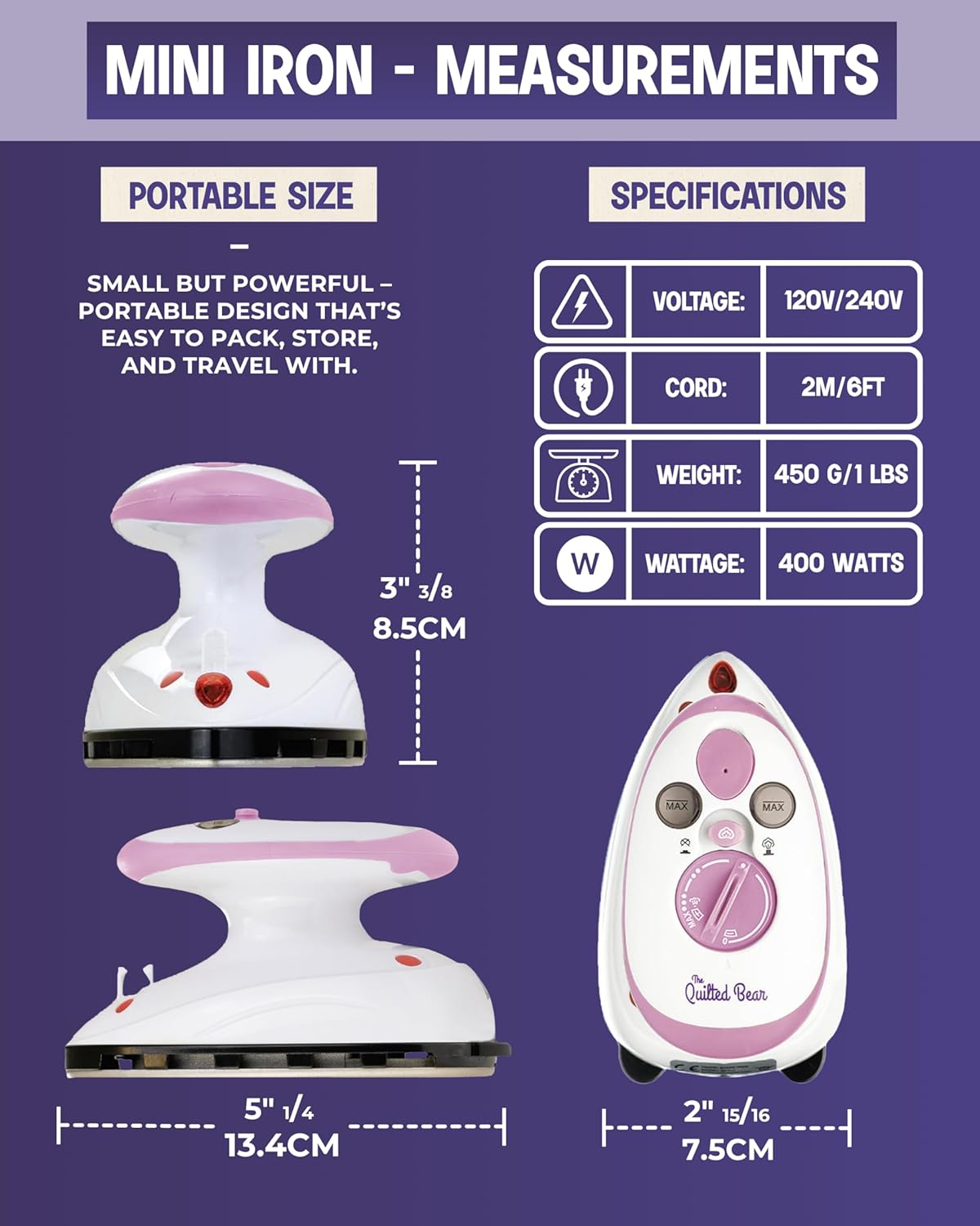 Quilted Bear Mini Steam Iron - Lightweight Travel Iron for Effortless Quilting & Wrinkle-Free Clothes | Pink