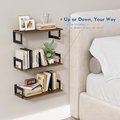 Harwaya Floating Book Shelves for Wall Set of 3, 17 x 8 Inch Deep Wooden Wall Bookshelf for Bedroom Office, Rustic Wood Hanging Wall Shelves for Living Room Kitchen (Dark Brown)