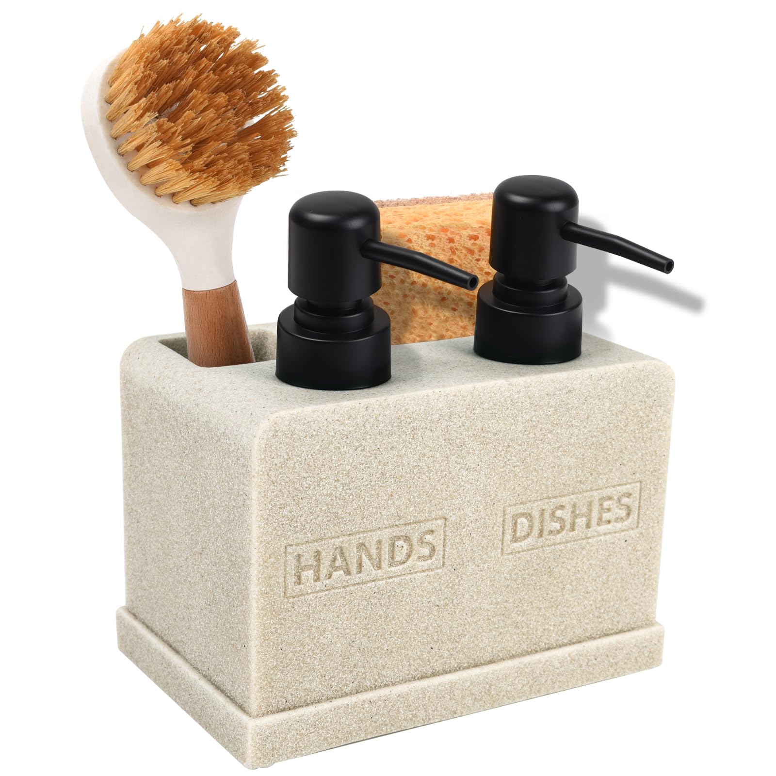 Hand and Dish Soap Dispenser Set for Kitchen Sink,Dual Soap Dispenser with Sponge Caddy and Brush Holder 4-in-1 Countertop Organizer for Kitchen Bathroom,Useful Kitchen Gadgets-Beige