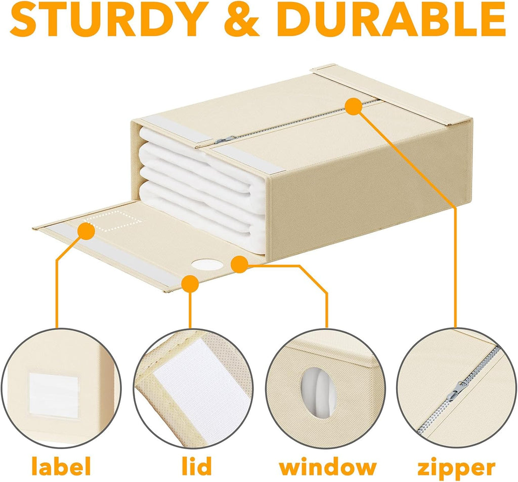 SpaceAid Bed Sheet Organizers - Foldable Linen Closet Storage with Window | XL for Queen & King Size (Beige, 8 Pack)