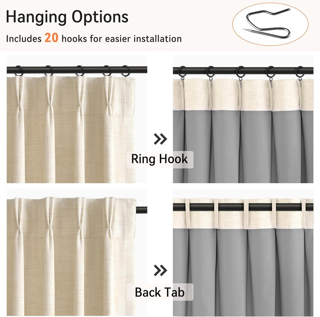 Skiennix 100% Blackout Linen Pinch Pleated Curtains - 96 Inch Long, Cream 2 Panel Set for Bedroom & Living Room
