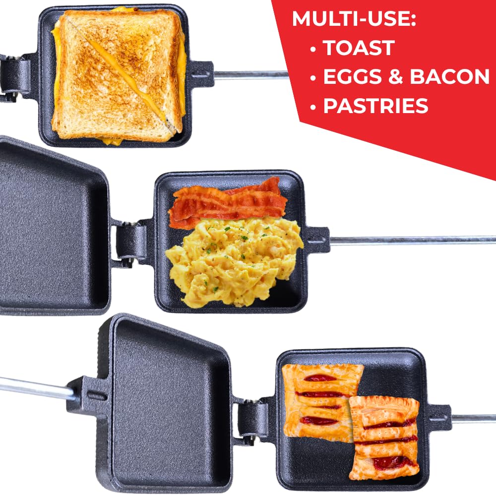 SUMPRI Pie Iron Set – Large Cast Iron Sandwich Maker for Camping, 3-Piece Camp Pie Cooker, Campfire Grilling & Outdoor Cooking Equipment