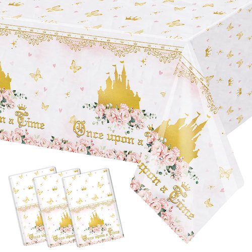 AIBIIN 3Pcs Princess Birthday Party Tablecloths Once Upon a Time Table Cover Floral Gold Castle Party Decorations for Girls Women Birthday 108 x 54 Inch