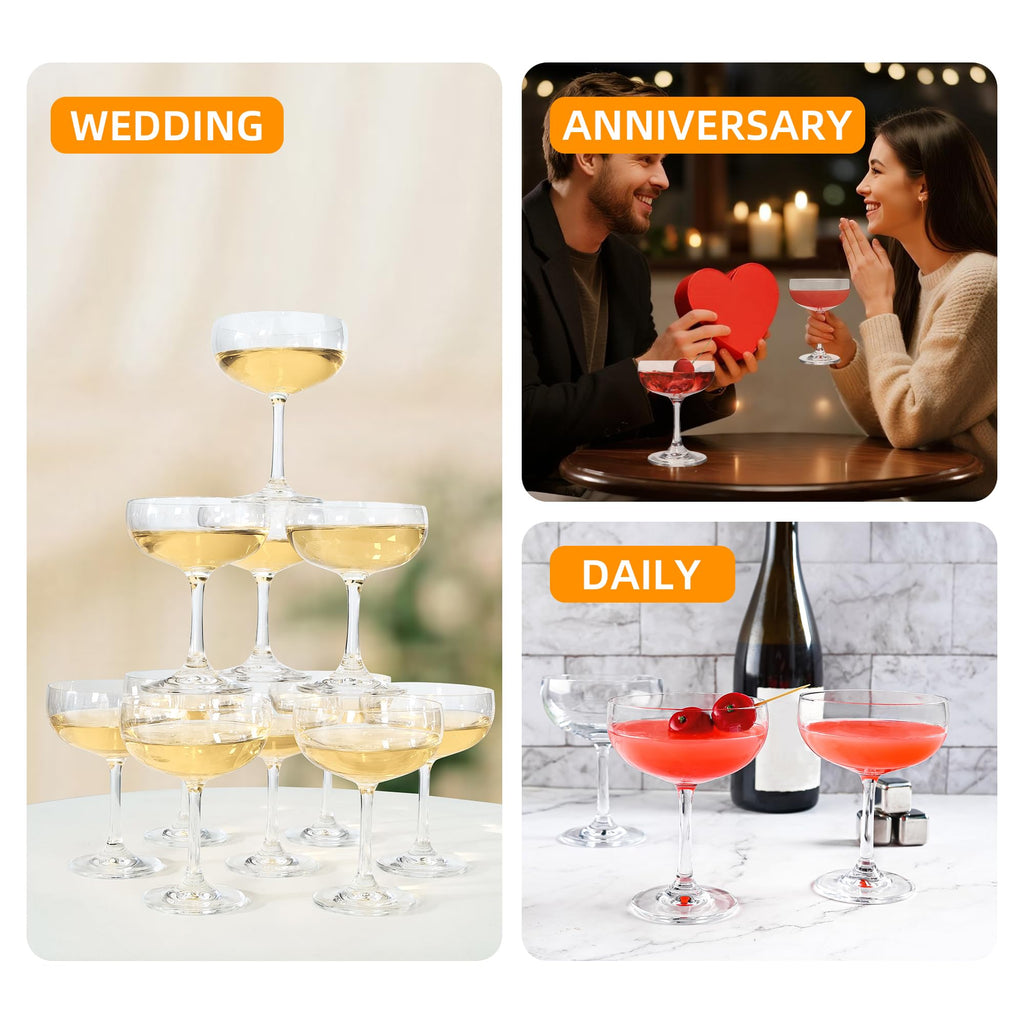 QOWOEO Set of 12 - Champagne Coupe Glasses, 7 Oz Clear Cut Rim Martini Glass with Short Stable Base, Ideal for Parties, Birthdays and Bars, Dishwasher safe