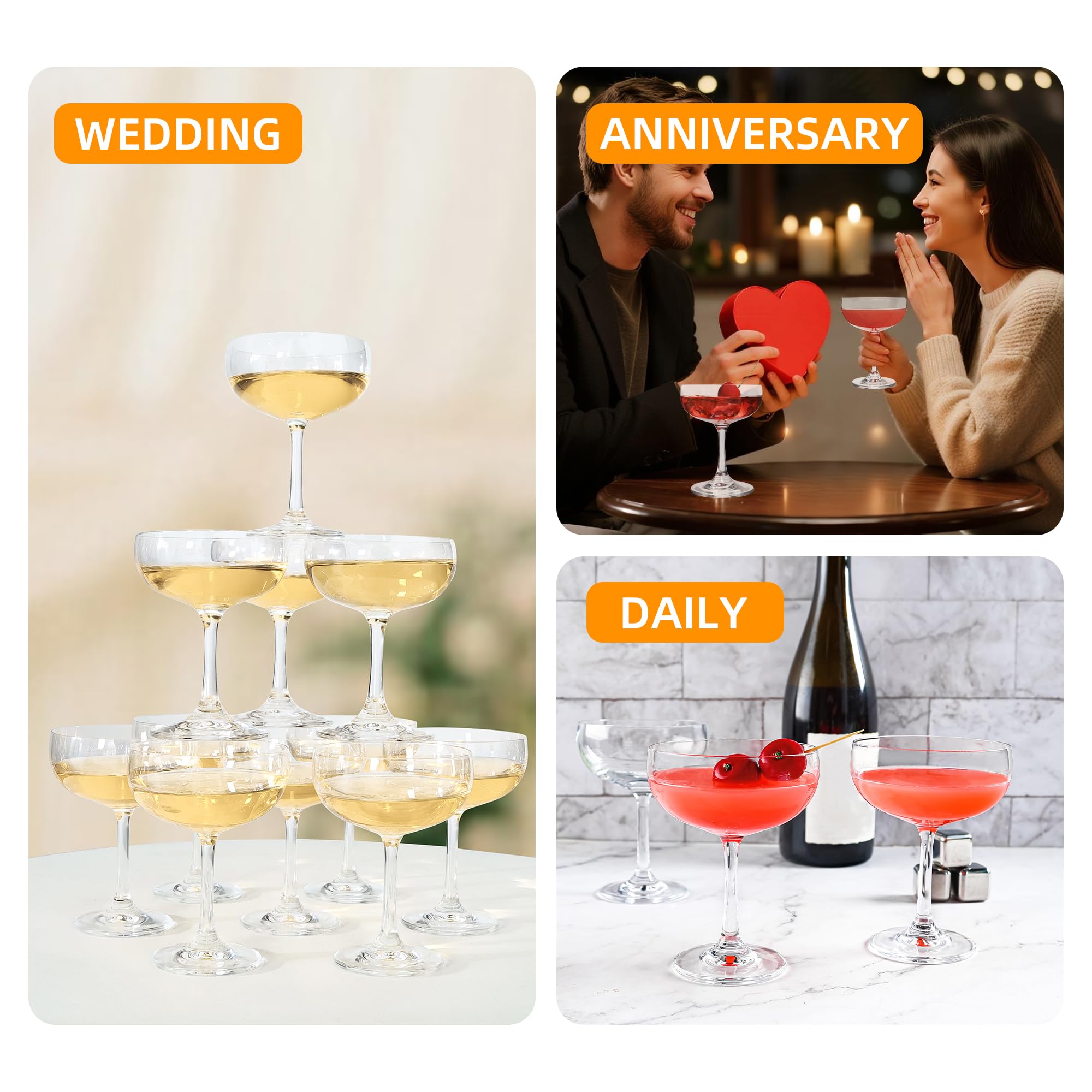 QOWOEO Set of 12 - Champagne Coupe Glasses, 7 Oz Clear Cut Rim Martini Glass with Short Stable Base, Ideal for Parties, Birthdays and Bars, Dishwasher safe