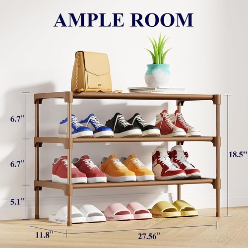 Kitsure Shoe Rack - Stackable Non-Woven Shoe Organizer for Closet & Entryway | 3-Tier, 27.5" Wide, Brown