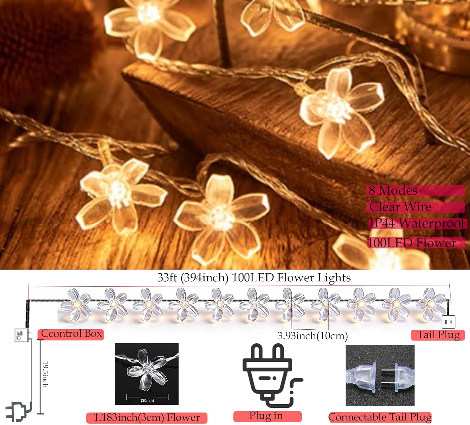 Skiennix Decorative Flower String Lights - 33ft 100 LED Cherry Blossom Fairy Lights | Warm White for Bedroom & Events