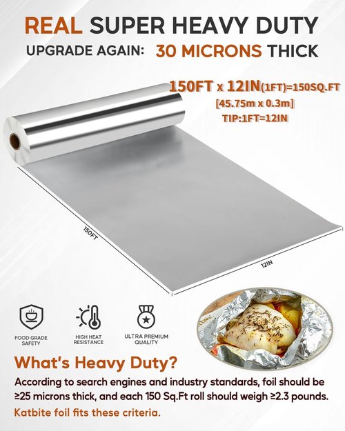 Katbite Heavy Duty Aluminum Foil Roll - 12" x 150ft | 30 Micron Thick with Cutter for Cooking & Grilling