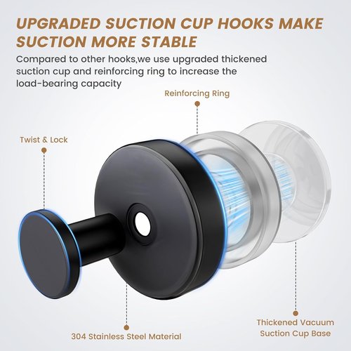 BKV Suction Cup Hooks - Removable Shower Hooks for Glass Windows | 8 Pack in Black