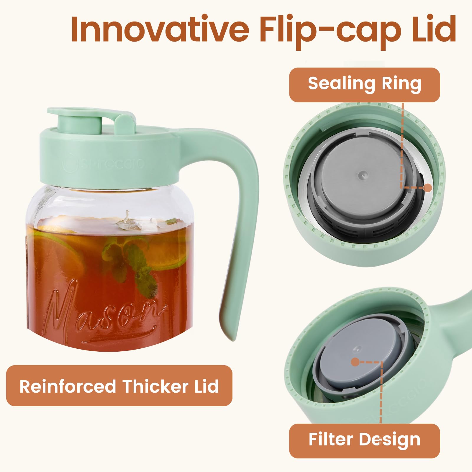 Spreccio Mason Jar Pitcher with Tea Filter, Airtight & Leakproof Glass Pitcher with Lid, 64 oz Sun Tea Glass Jar for Outside, Perfect for Sun Tea, Lemonade, and iced Tea