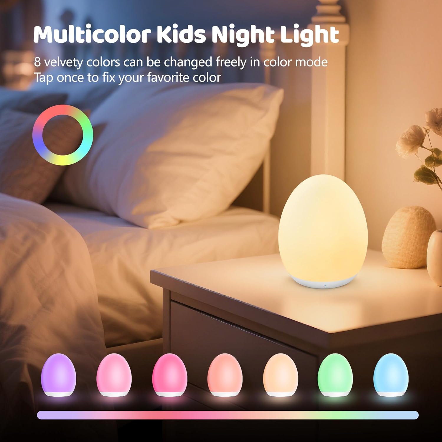 MediAcous Night Light - Soft Silicone Touch Egg Lamp with 7 Color Options & Dimming | Rechargeable Nursery Light