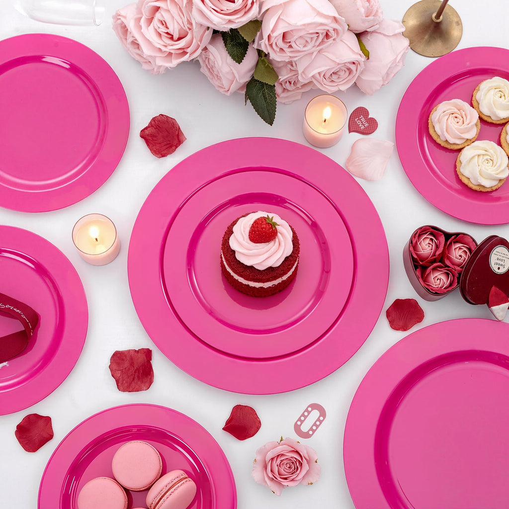 FLOWERCAT 60PCS Hot Pink Disposable Party Plates Set – 30 pcs 10.25″ Dinner Plates & 30 pcs 7.5″ Dessert Plates for Spring Parties, Valentine’s Day, Wedding – Sturdy & Stylish Tableware