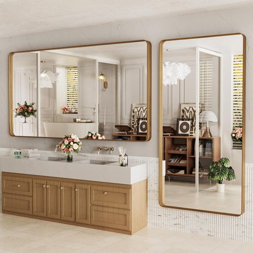 LOAAO Bathroom Mirror - 77x36 Inch Rounded Rectangle with Wood Grain Metal Frame | Anti-Rust, Versatile Hanging Options