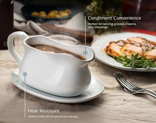 Kook Gravy Boat - 17 Oz Ceramic Serving Dish with Tray | Microwave & Dishwasher Safe, White