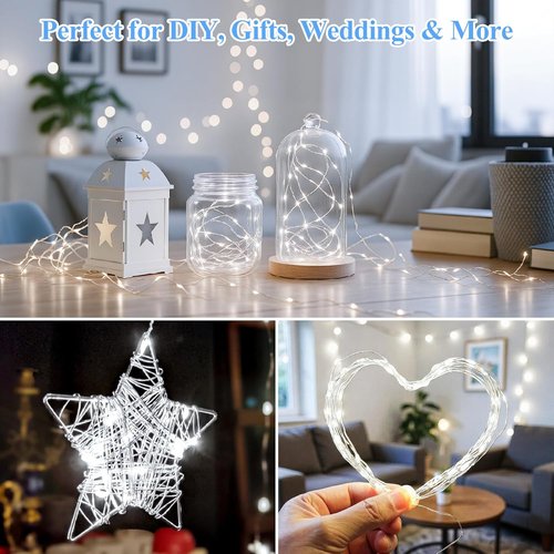 Lakumu Fairy Lights - 12-Pack Battery Operated 7FT Waterproof Silver Wire LED String Lights | Cool White for DIY Decor