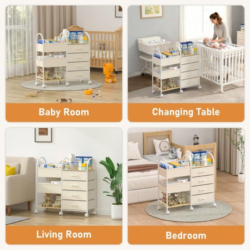 ONWAYHOME Baby Organizer and Storage Cart, 4-Tier Rolling Utility Cart with Wheels, Dividers and Drawers, Easy to Assemble for Nursery, Bedroom & Changing Table, White