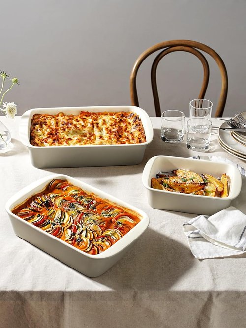 LE TAUCI Deep Casserole Dishes Set - 3-Piece Ceramic Baking Dish Set with Roasting Racks | Oatmeal Greige, Large Size