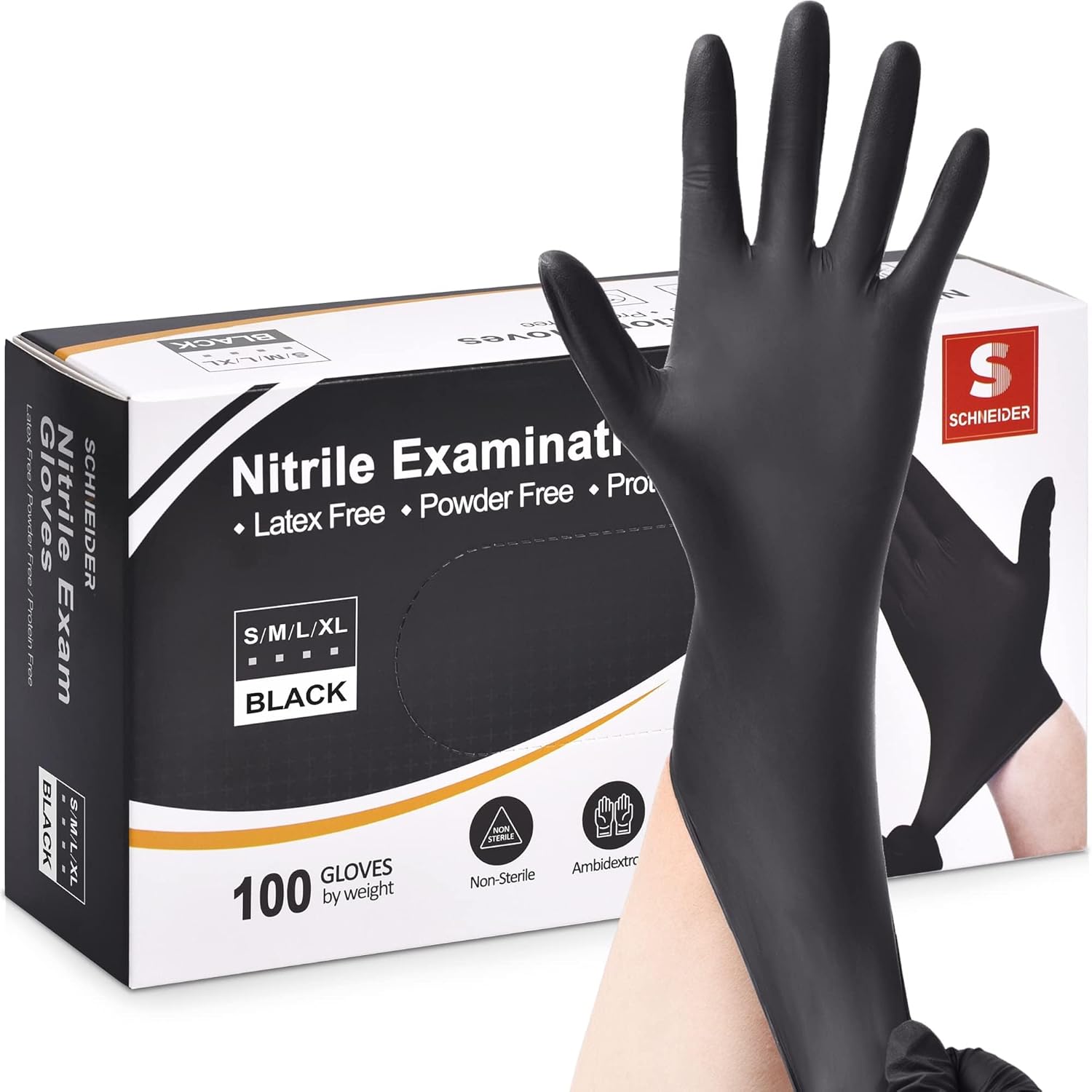Schneider Nitrile Exam Gloves - 4 Mil Black Disposable Latex-Free & Powder-Free | Food Safe for Cooking