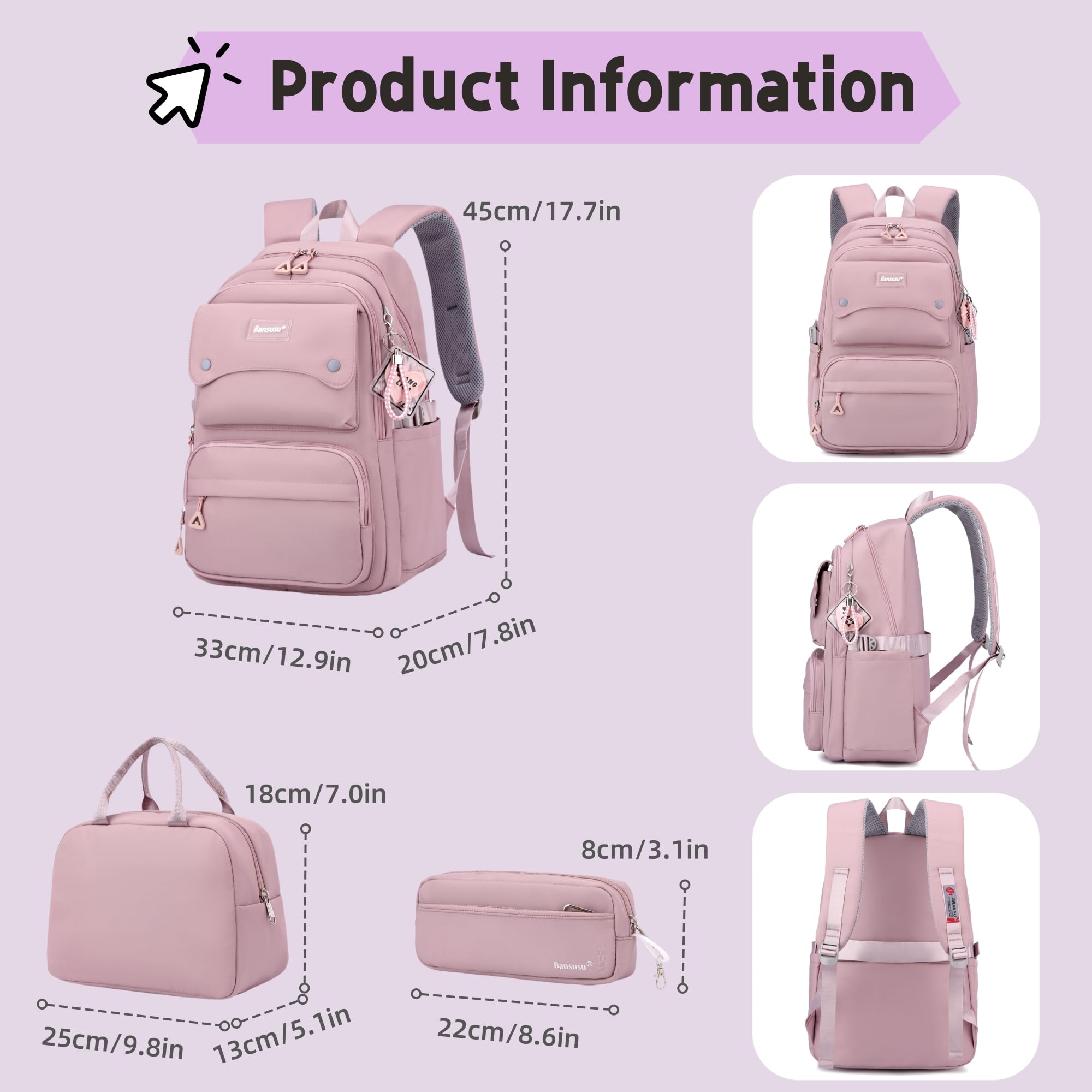 Bansusu 3Pcs Girls Backpack and Lunchbox Set for School Kids, Solid Color School Bag Backpack for Girls with Lunch Bag, Grey