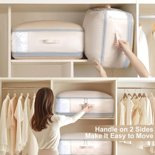 Comforter Storage Bag | Skiennix Large Capacity 3-Layer Compression Organizer - Washable Beige 2-Pack