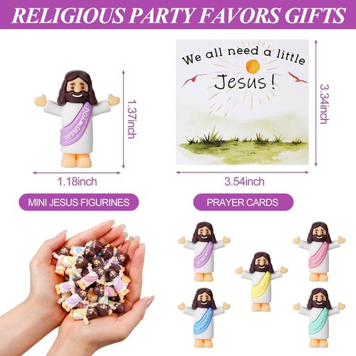 Little Jesus Figurines - 50 Bulk Mini Jesus Statues with Prayer Cards & Bags for Easter Party Favors