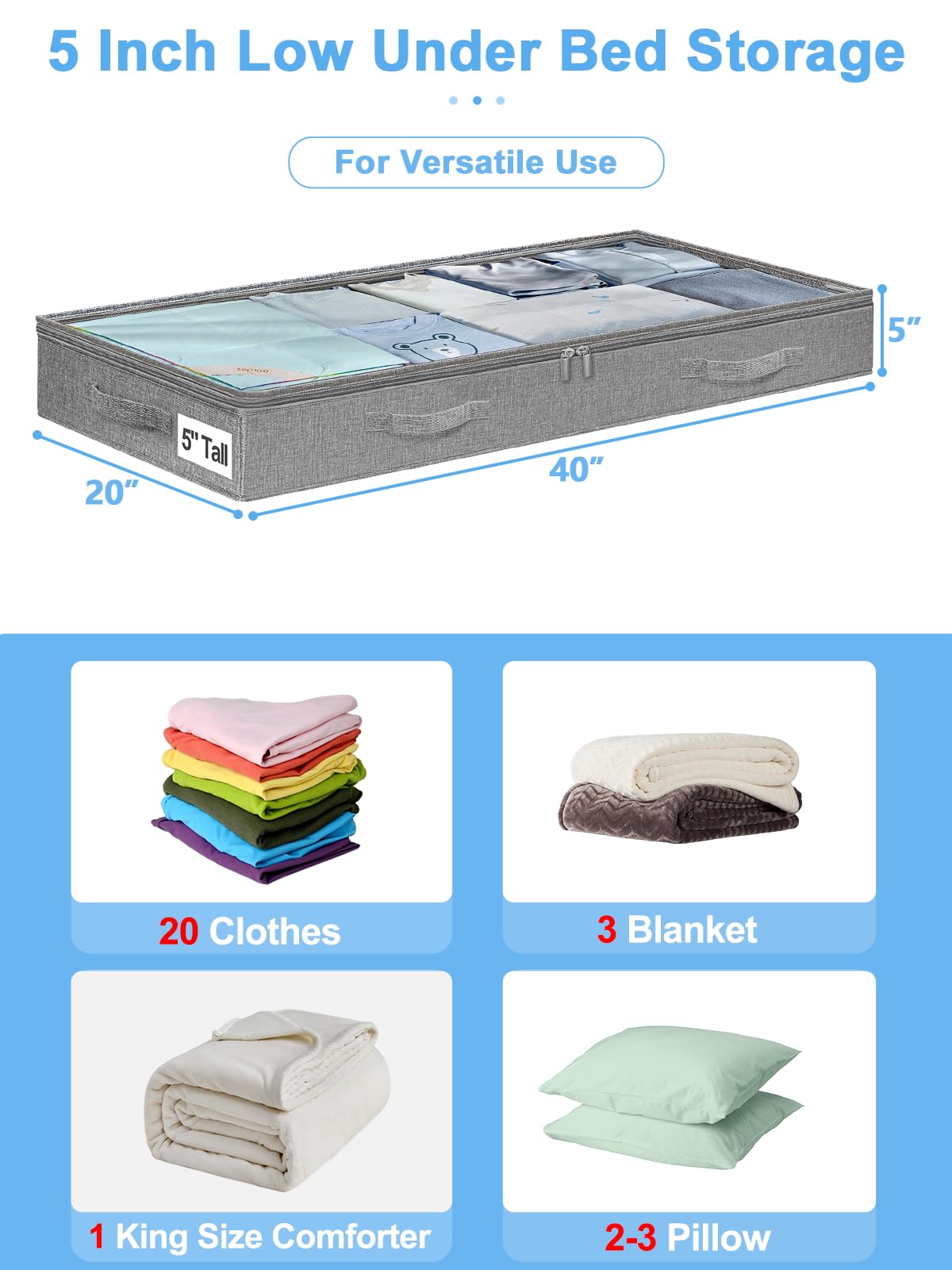 punemi 5 Inches High Low Profile Under Bed Storage Containers，No-Structure,Soft Fabric Zippered Underbed Storage bins for Clothes and Blankets— Fits Under Crib, Couch or Dorm bed,2-Pack,Grey