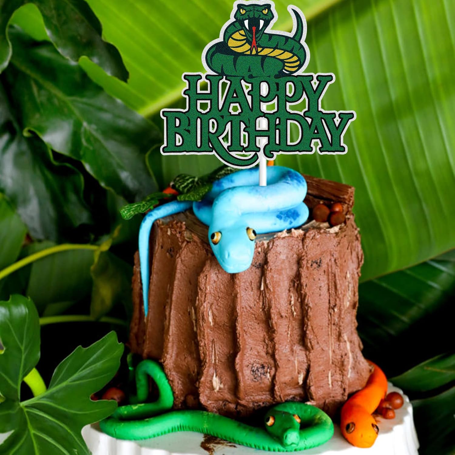 Snake Happy Birthday Cake Topper - Green Glitter Jungle Animal Theme Decoration for Kids & Adults