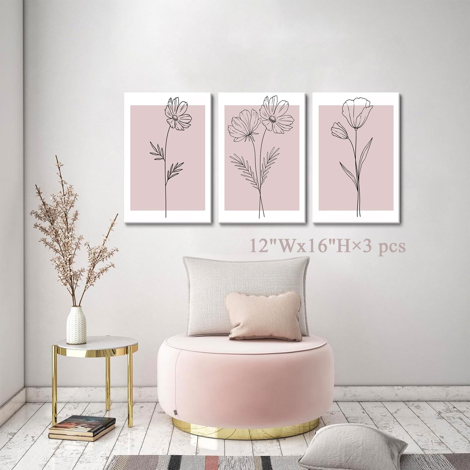 Pink Flower Market Wall Art Set of 3 - Aesthetic Canvas Prints for Bedroom & Living Room | Framed 12x16 Inch