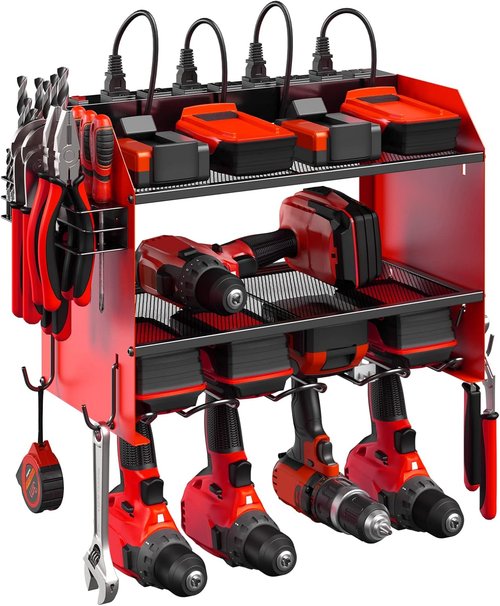 CCCEI Modular Power Tool Organizer - Wall Mount Charging Station & Heavy-Duty Storage Shelf | Red, 2 Pack