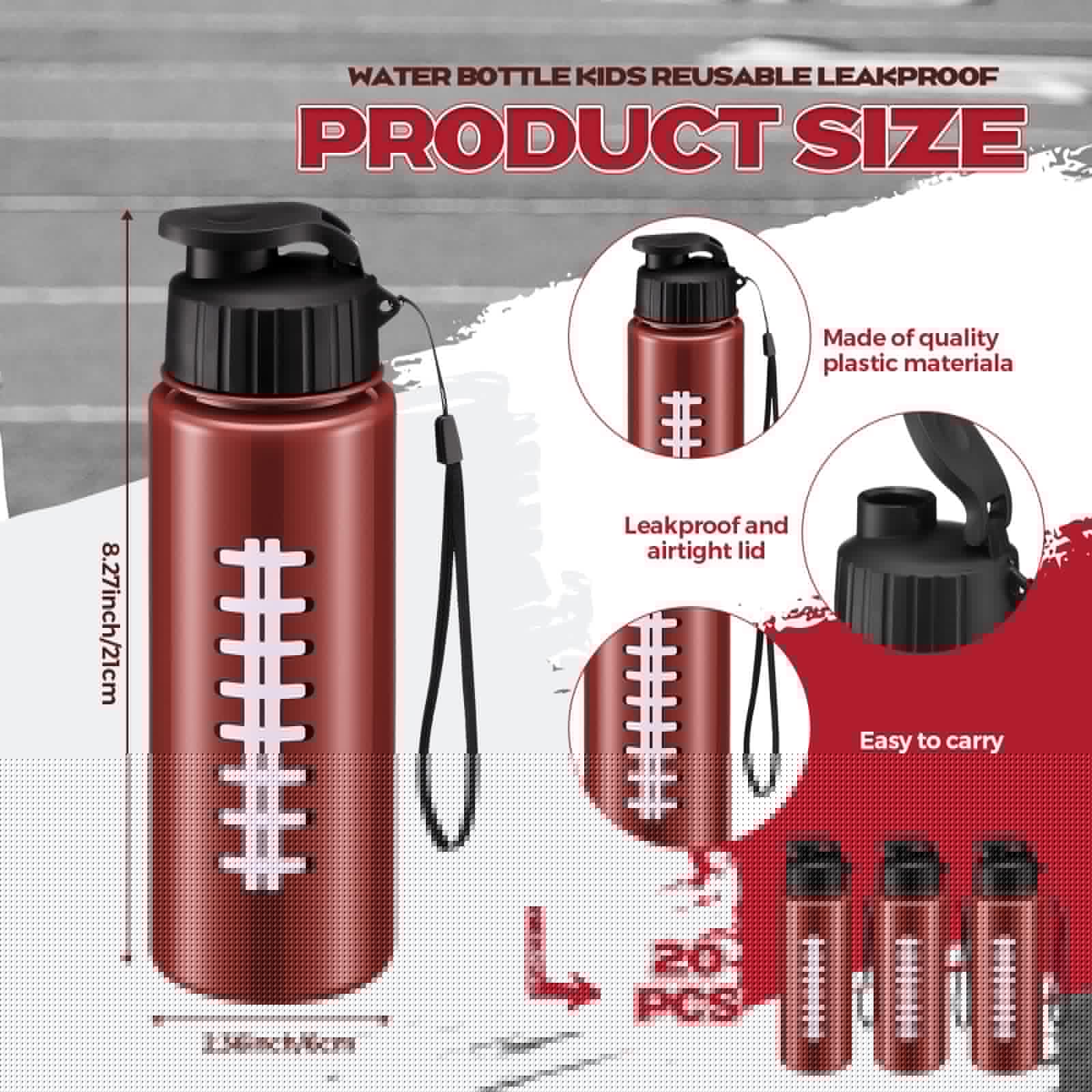 Mifoci 20 Pieces Sports Water Bottle Bulk 17 oz Reusable Plastic Biking Water Bottle Tumbler Adults Reusable Large Bottles with Leak Proof Flip Top for Party Outdoor (Football,Red)