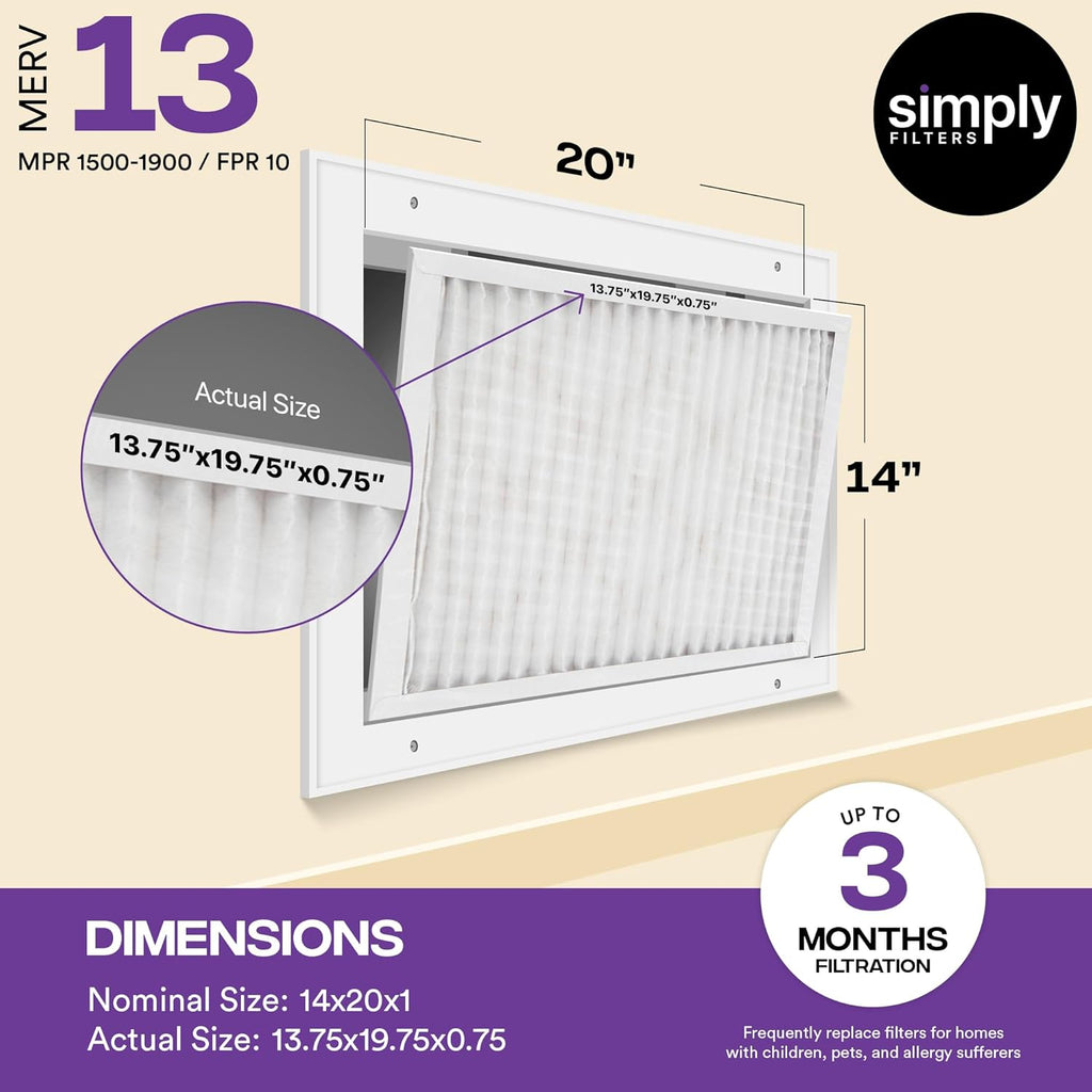Simply 14x20x1 MERV 13 Air Filter - 6 Pack for Home AC & HVAC | Dust, Pet & Allergy Control