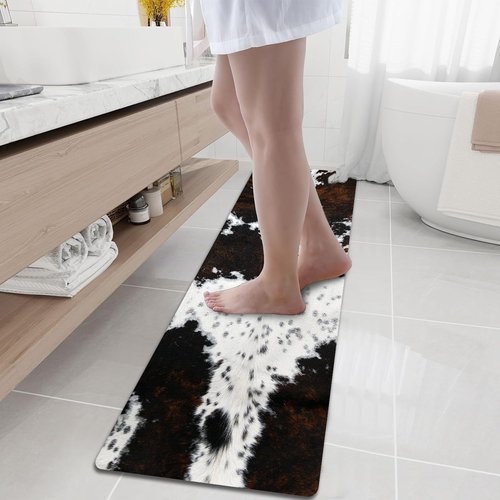 MUGINYU Cowhide Cow Print Long Bath Mat 20x63inch, Western Bathroom Runner Rug for Farmhouse Cowboy Decor,Large Quick Dry Absorbent Non-Slip Narrow Shower Rug for Bedroom Hallway Kitchen